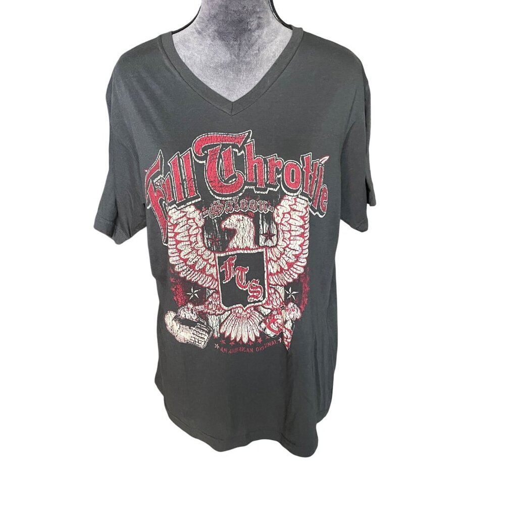Full Throttle Saloon Sturgis Graphic V-Neck T-Shirt Mens L Gray Cotton Short Sle